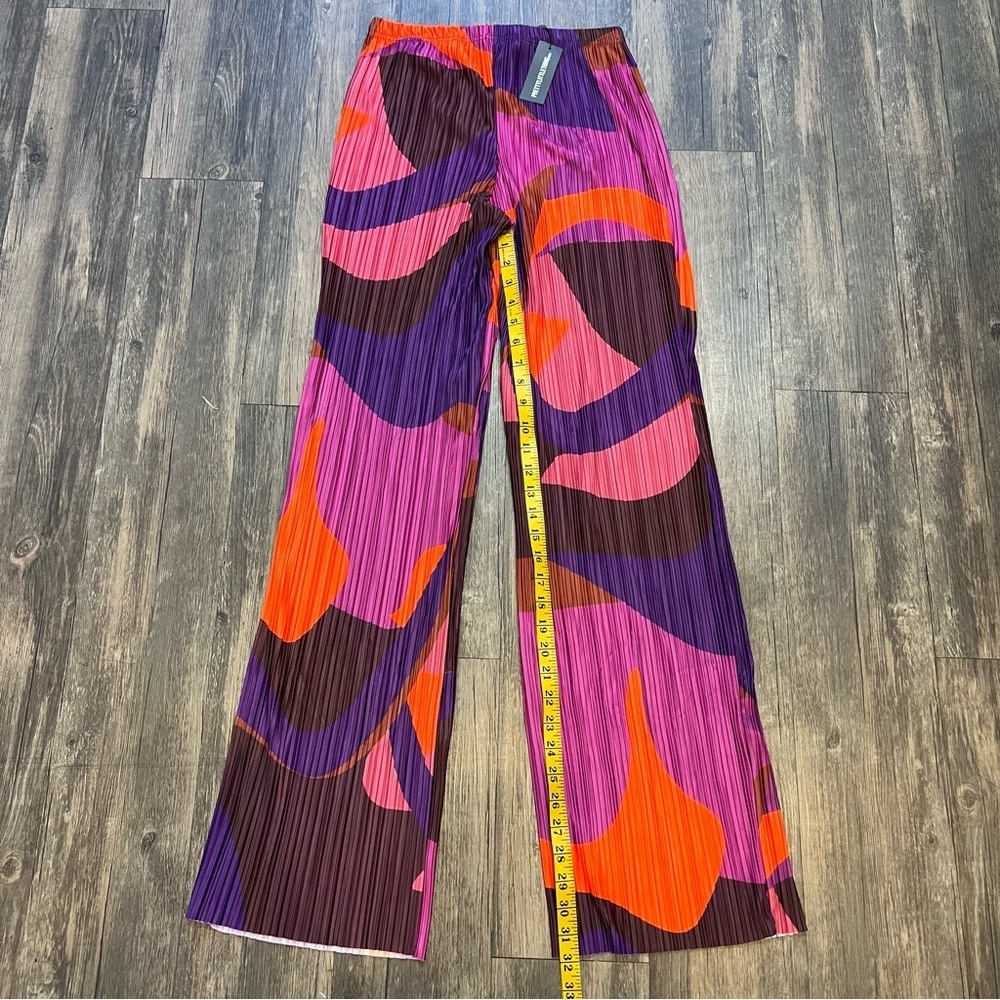 NWT PrettyLittle Thing Pink Orange Print Plisse High Waist Wide Loose Leg Pants - Picture 12 of 12